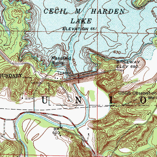 Topographic Map of Cecil M Harden Lake Dam, IN