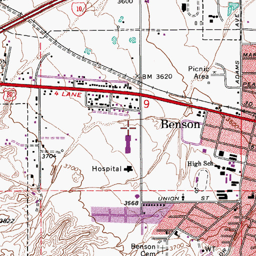 Topographic Map of Benson Post Office, AZ