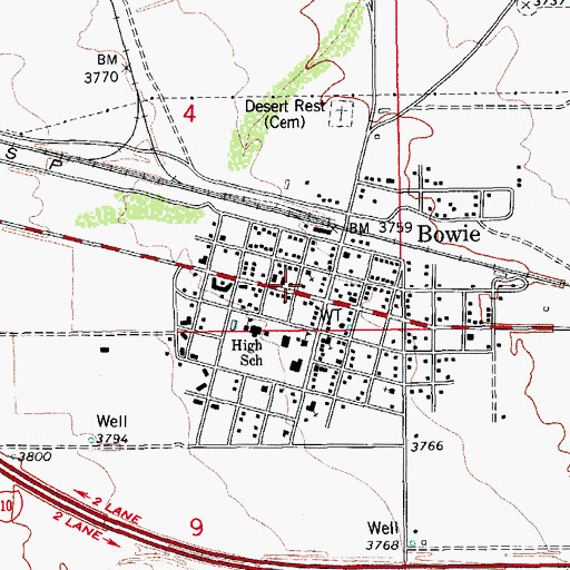 Topographic Map of Bowie Post Office, AZ