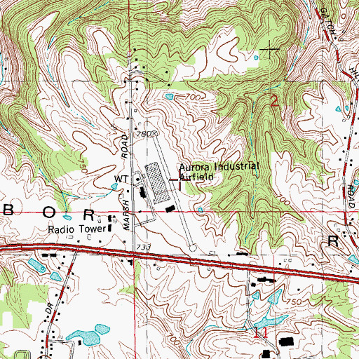 Topographic Map of Aurora Casket Company Airport (historical), IN