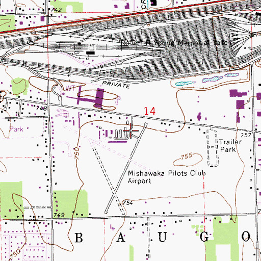 Topographic Map of Mishawaka Pilots Club Airport, IN