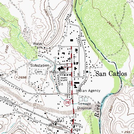 Topographic Map of San Carlos Post Office, AZ