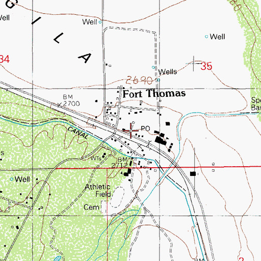 Topographic Map of Fort Thomas Post Office, AZ
