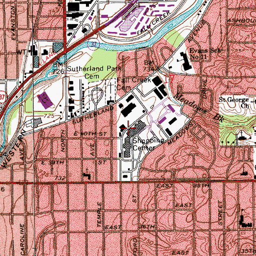 Topographic Map of Meadows Shopping Center, IN