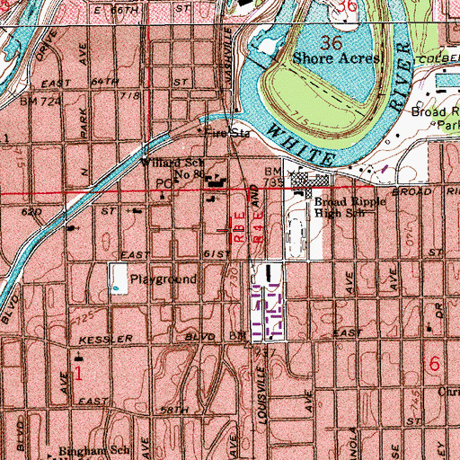 Topographic Map of Broad Ripple, IN