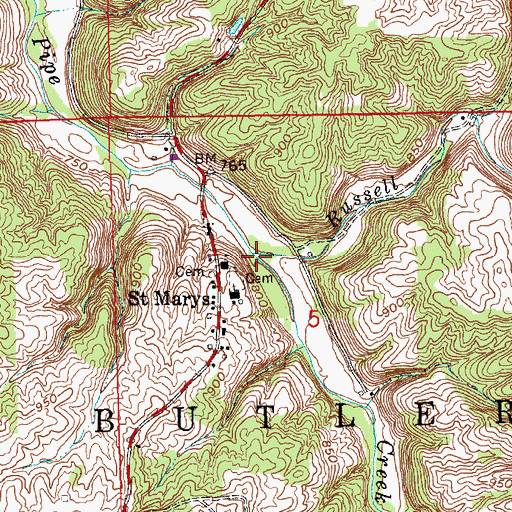 Topographic Map of Russell Branch, IN