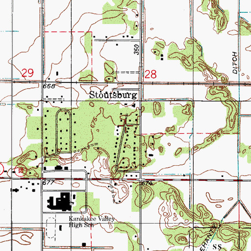 Topographic Map of Stoutsburg, IN