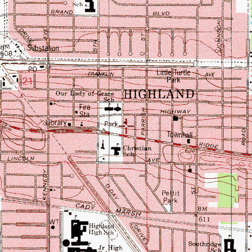 Topographic Map of Main Square Park, IN