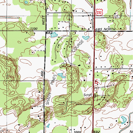 Topographic Map of Shady Pines Golf Course, IN