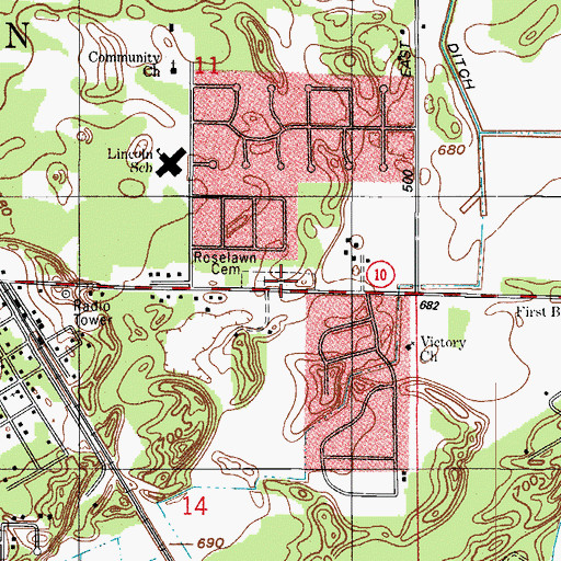 Topographic Map of Roselawn Cemetery, IN
