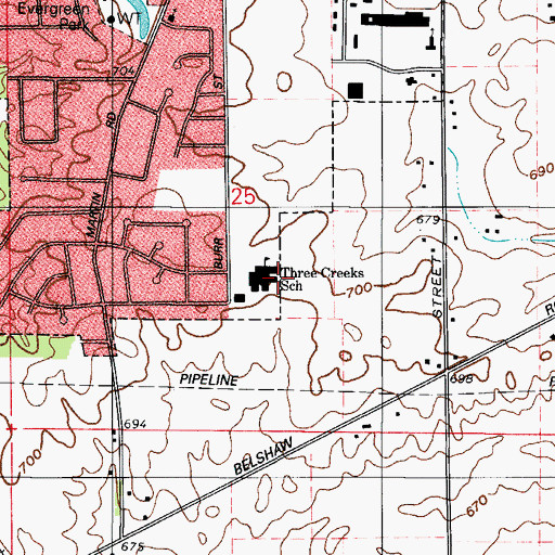 Topographic Map of Three Creeks Elementary School, IN