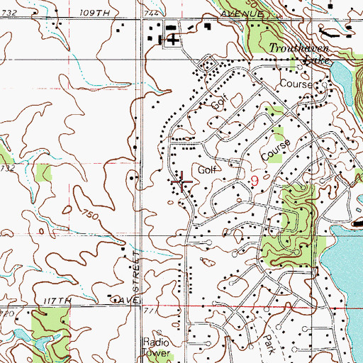 Topographic Map of Lakes of the Four Seasons Golf Course, IN
