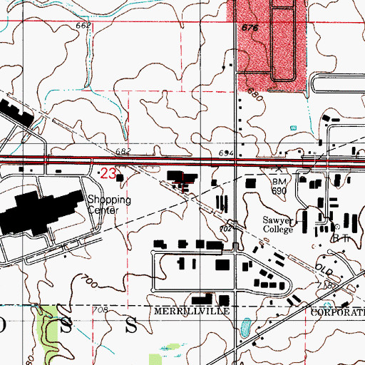 Topographic Map of Sawyer College, IN
