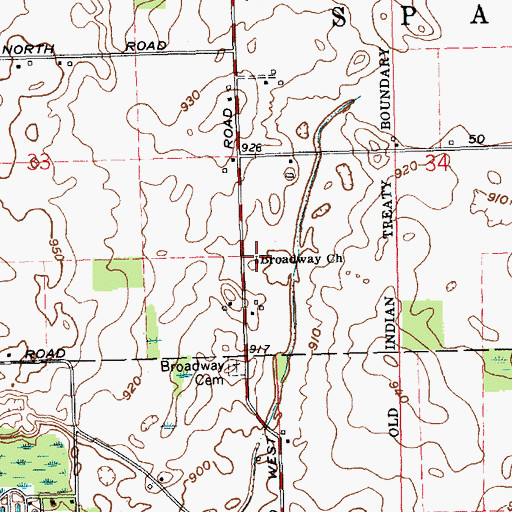 Topographic Map of Broadway Church, IN
