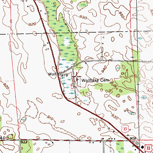 Topographic Map of Wolflake Cemetery, IN