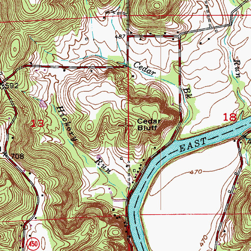 Topographic Map of Cedar Bluff, IN
