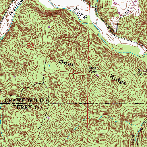 Topographic Map of Doan Ridge, IN