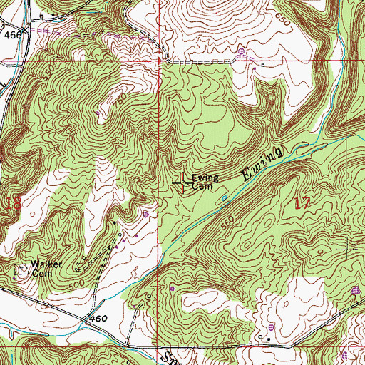 Topographic Map of Ewing Cemetery, IN
