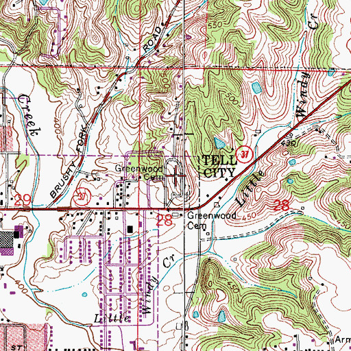 Topographic Map of Greenwood Cemetery, IN