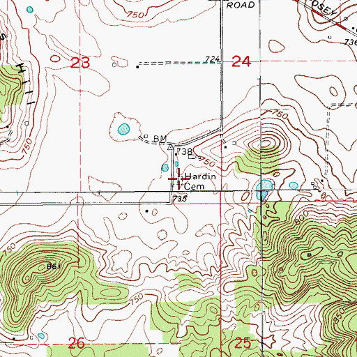 Topographic Map of Hardin Cemetery, IN