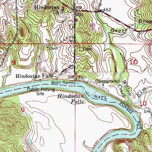 Topographic Map of Hindostan Falls, IN