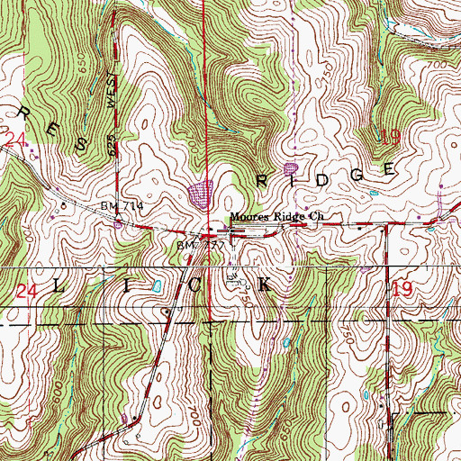 Topographic Map of Moores Ridge Church, IN