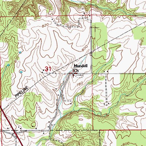 Topographic Map of Mundell Church, IN