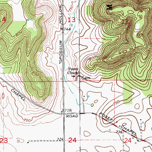Topographic Map of Posey Chapel, IN