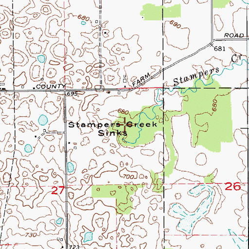Topographic Map of Stampers Creek Sinks, IN