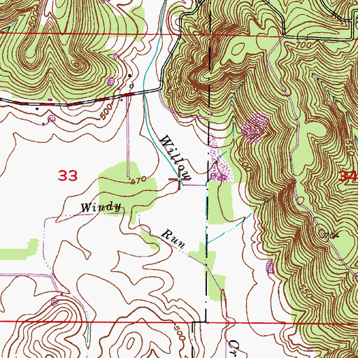 Topographic Map of Windy Run, IN