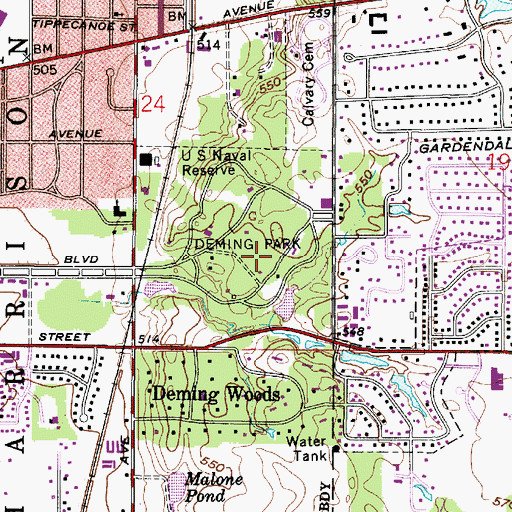 Topographic Map of Deming Park, IN