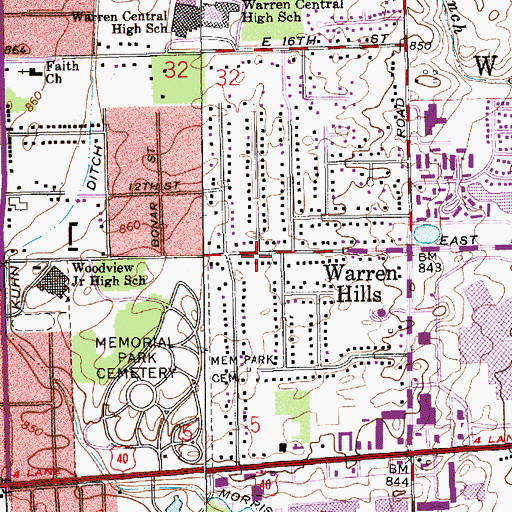 Topographic Map of Warren Hills, IN