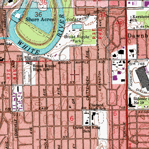 Topographic Map of Broad Ripple, IN