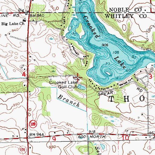 Topographic Map of Crooked Lake Golf Club, IN
