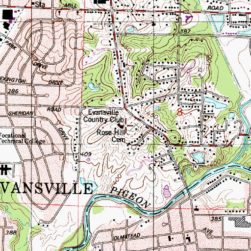 Topographic Map of Evansville Country Club, IN
