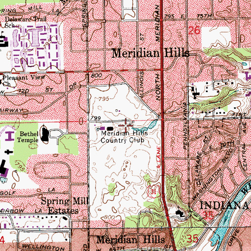 Topographic Map of Meridian Hills Country Club, IN