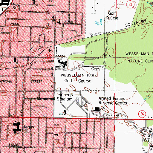 Topographic Map of Wesselman Park Golf Course, IN