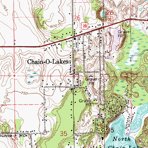 Topographic Map of Chain-O-Lakes, IN