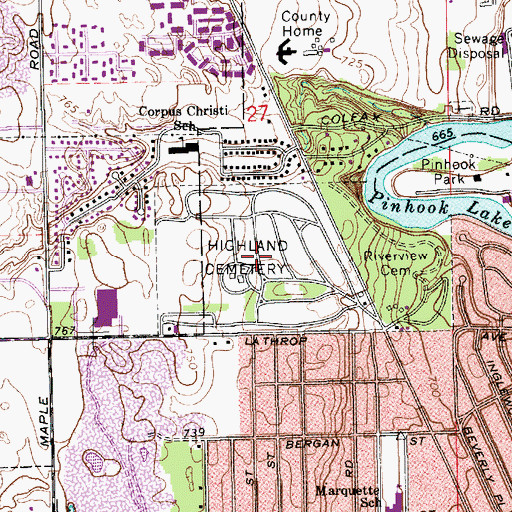 Topographic Map of Highland Cemetery, IN