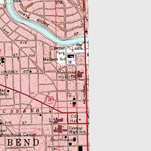 Topographic Map of Memorial Hospital of South Bend, IN