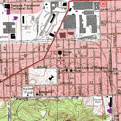 Topographic Map of Oliver School, IN