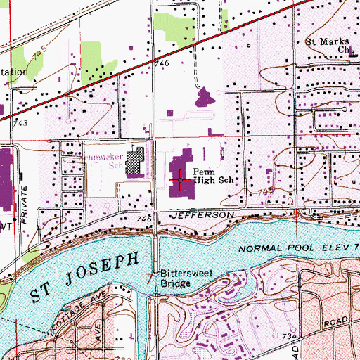Topographic Map of Penn High School, IN