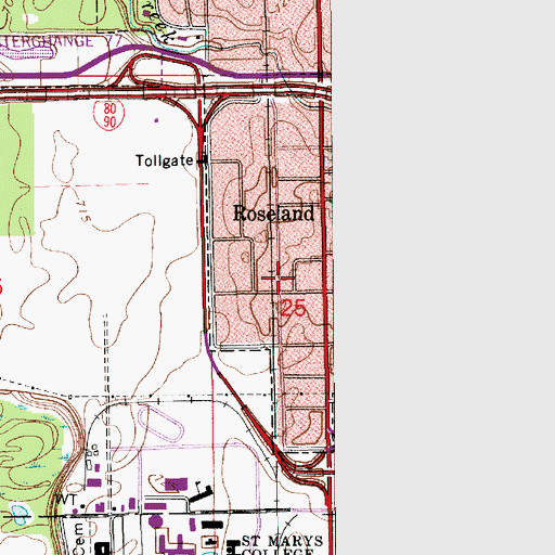 Topographic Map of Roseland, IN