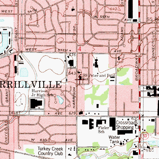 Topographic Map of Saints Peter and Paul School, IN