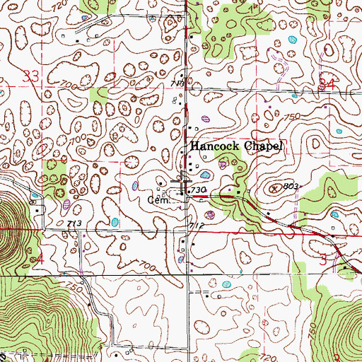 Topographic Map of Hancocks Post Office (historical), IN