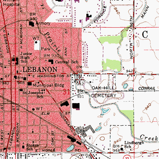 Topographic Map of Township of Center, IN