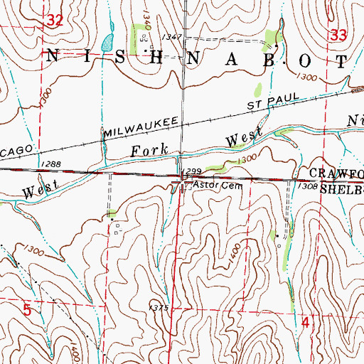 Topographic Map of Astor Cemetery, IA