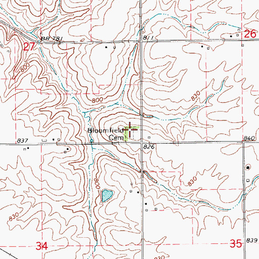 Topographic Map of Bloomfield Cemetery, IA