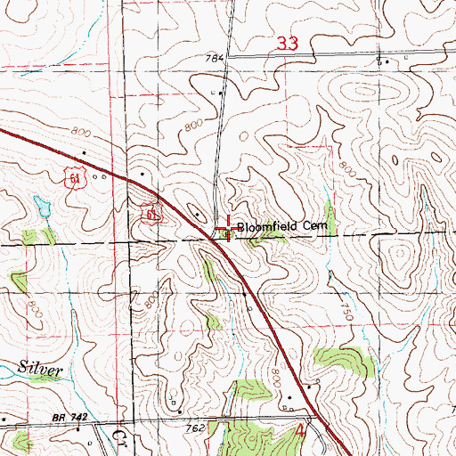Topographic Map of Bloomfield Cemetery, IA