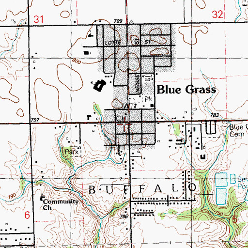 Topographic Map of Blue Grass, IA